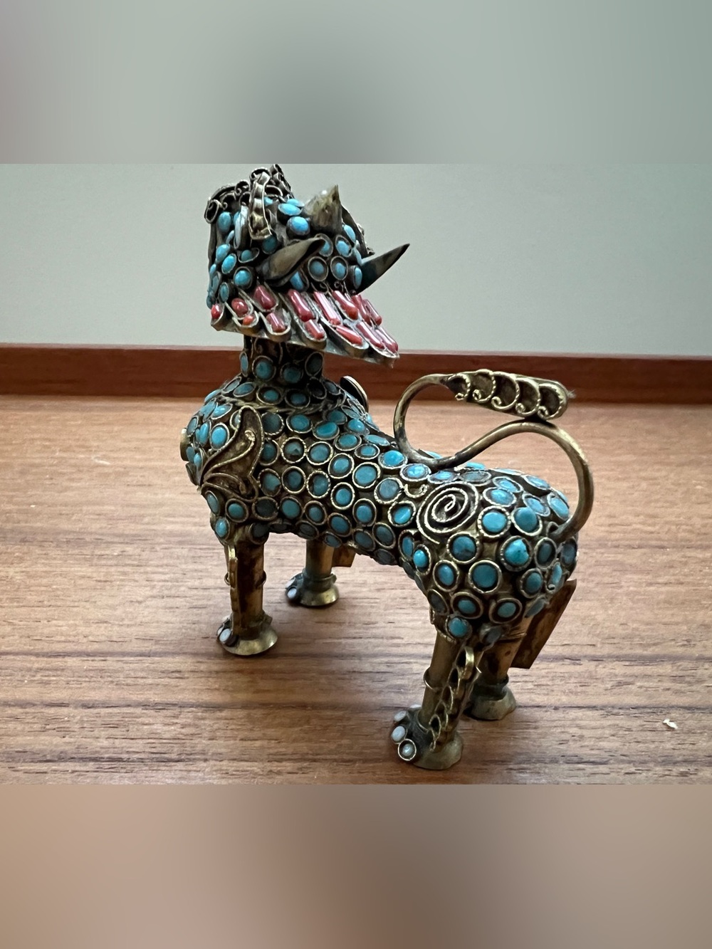 Antique Tibetan Filigree Brass Inlay Snuff Bottle Lion Foo Dog - Picture 2 of 9